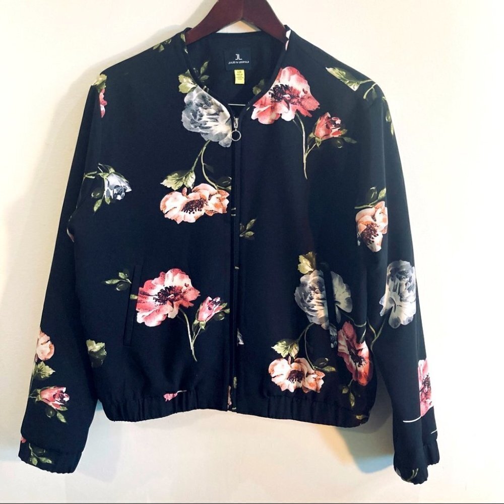 JULES & LEOPOLD Sz L Floral Bomber Jacket With Elastic Hems and Pockets